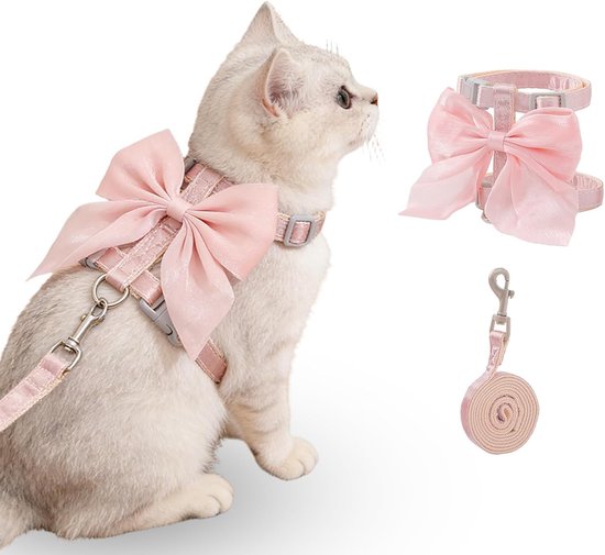 Set Met Lijn, Ontsnappingsbestendig Kattentuig, Comfortabel Verstelbaar, Met Roze Strik, Voor Katten En Puppy’s, Nylon, S Roze