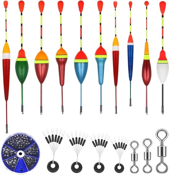 Set van 10 dobbers met 4 rubberen stoppers en 3 vertebrae voor het vissen op forel en andere vissoorten in meren en vijvers van Merkloos