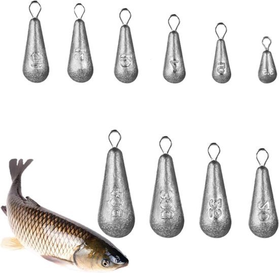 Set van 10 druppelvormige visloodjes, loodgewichten voor vissen, perenlood, variërend van 3,5 g tot 40 g, ideaal voor outdoor visaccessoires