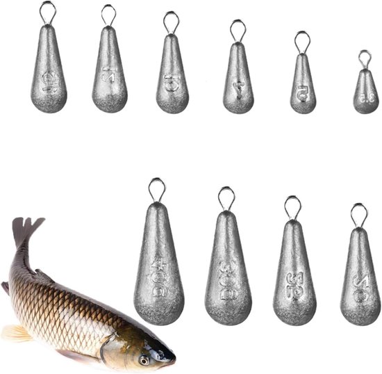 Set van 10 druppelvormige visloodjes met verschillende gewichten voor optimaal vissen, 3,5 g tot 40 g, visaccessoires van Merkloos