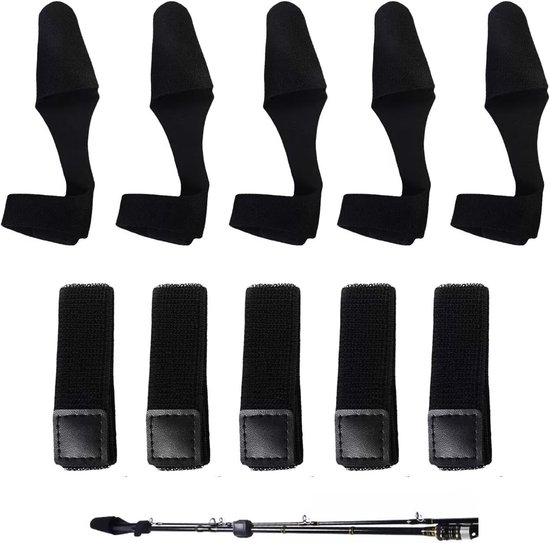 Set van 10 elastische visserijbanden en beschermhoezen voor hengels, ideaal voor het veilig opbergen en vervoeren van hengels, inclusief accessoires voor optimale bescherming en gebruiksgemak.