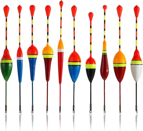 Set van 10 hengeldobbers in diverse formaten en kleuren, ideaal voor forel en andere vissoorten, met stevige pasvorm voor nauwkeurig vissen en eenvoudig gebruik