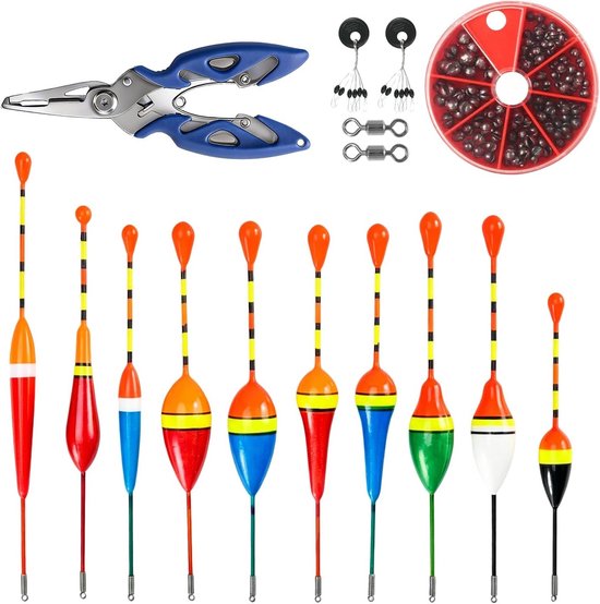 Set van 10 hengeldobbers voor zwemmervissen en forelvissen, visaccessoireset met rubberen stoppers en hengeltang voor diverse vismaten in meren