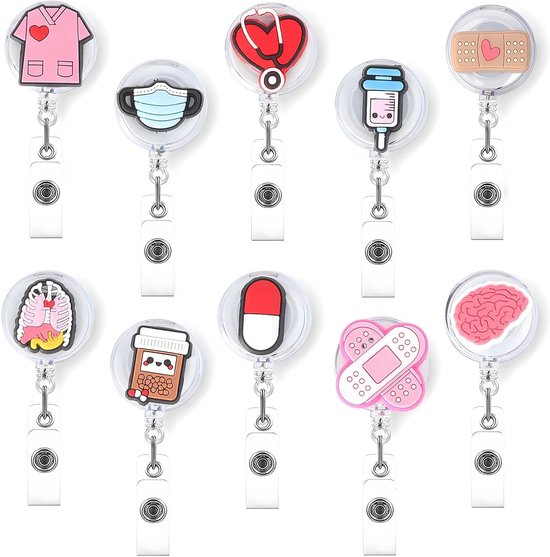 Set van 10 ID-kaarthouders voor verpleegkundigen, schattige badge reels met jojo, trekbare houder voor ID-kaarten, ideaal voor artsen, studenten en verpleegkundigen