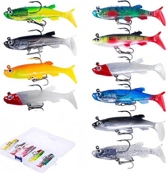 Set van 10 kunstmatige aas, spinhengels, zachte visaas voor baars, forel en roofvissen in zoet en zout water met plastic opbergdoos