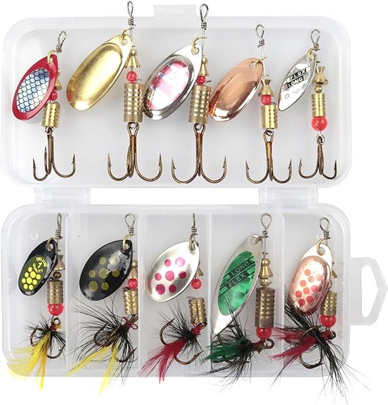 Set van 10 metalen visaas spinnerbaits voor zoet- en zoutwater met handige opbergdoos, ideaal voor vissers