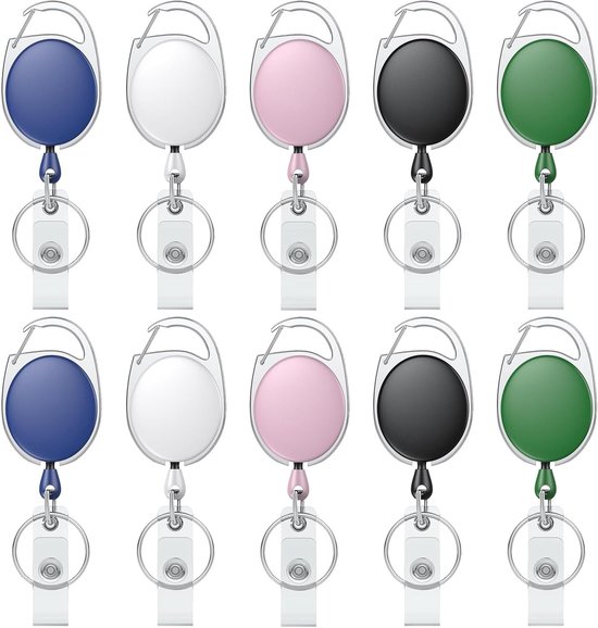Set van 10 Oprolbare Badge Reel voor Badgehouder, Stevige Sleutelhanger met Kleurige ABS Behuizing, RVS Veer en 60cm Nylon Touw Carabiner