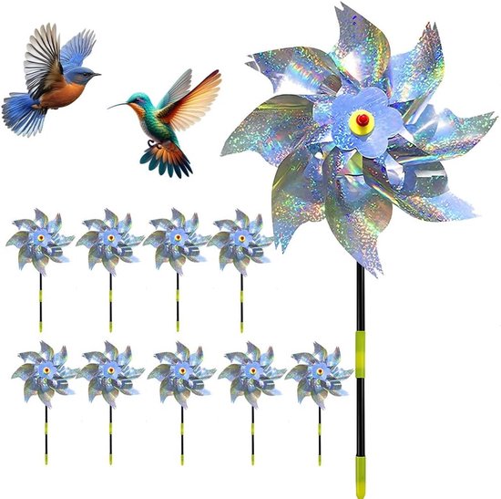 Set van 10 Reflecterende Windmolens voor Vogelafschrikking, Duivenbestrijding op Balkon en in Tuin, Ideaal voor Boerderij en Fruitgaard