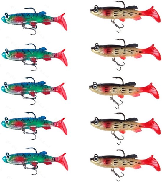 Set van 10 Rubberen Vispassen met Jigkop - Zachte Kunstaas voor Snoek, Baars en Zander van Merkloos