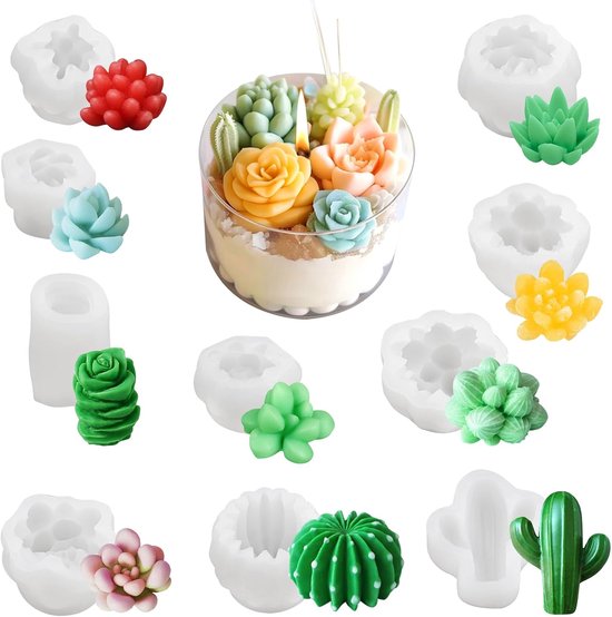 Set van 10 stuks vetplanten, siliconen vormen, gietvormen, kaarsen, siliconen vormen, cactus, 3D-vetplanten, cactus, siliconen vorm, kaarsvormen voor aromatherapie, kaarsen, epoxyharsvormen