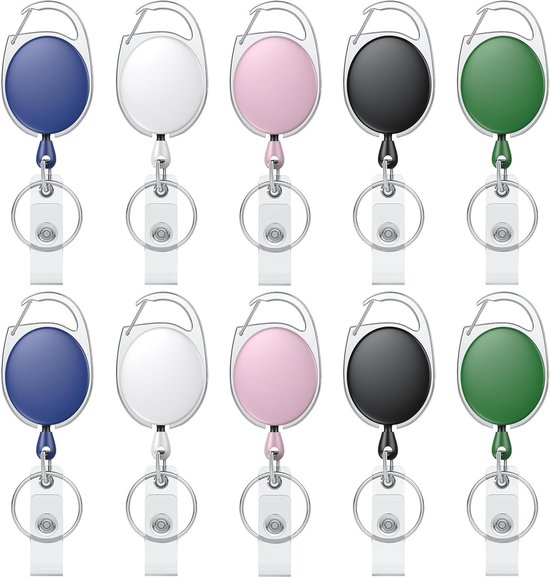 Set van 10 Uittrekbare Badge Reel voor Badgehouder, Stevige Sleutelhanger met Kleurige ABS Behuizing en RVS Veer, 60cm Nylon Touw en Karabijnhaak