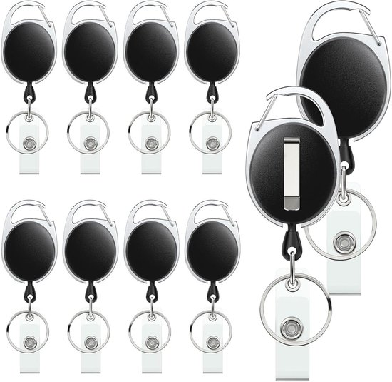 Set van 10 Uittrekbare Badge Reel voor Badgehouder, Stevige Sleutelhanger met RVS Veer, 24 Inch Nylon Touw en Karabijnhaak voor Sleutels en ID Kaarten