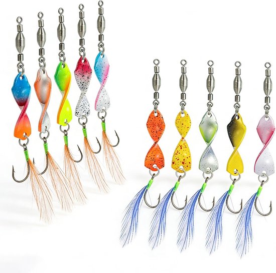 Set van 10 UV-actieve twistlepels voor forel, inclusief rolling swivels en vishaakverwijderaar, ideaal voor visaccessoires en twister technieken