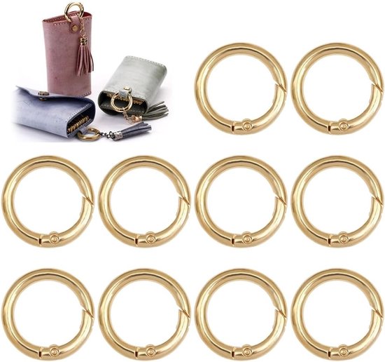 Set van 10 Veer O-Ringen, Splitringen en Kleine Sleutelhangers voor Creatieve Projecten, DIY Tasaccessoires, 33 mm Goudkleurig