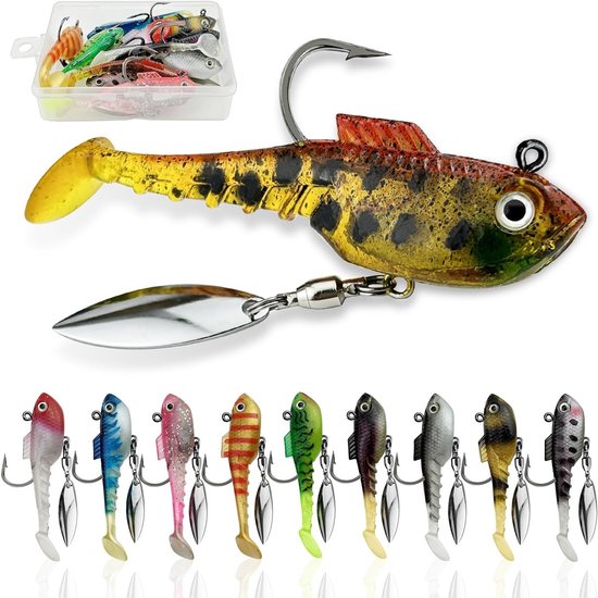 Set van 10 Vissen Aas voor Snoek en Forel met Spinnerblad, Geschikt voor Snoekbaars en Zander in Praktische Opbergdoos