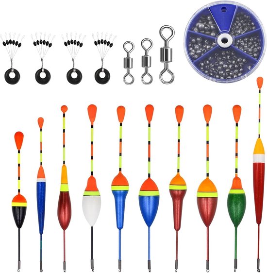 Set van 10 Vissersdobbers van Foam, 205 Stuks, Geschikt voor Alle Soorten Vissen in Meren en Vijvers, Inclusief 3 Draai Sloten en 4 Stoppers van Merkloos