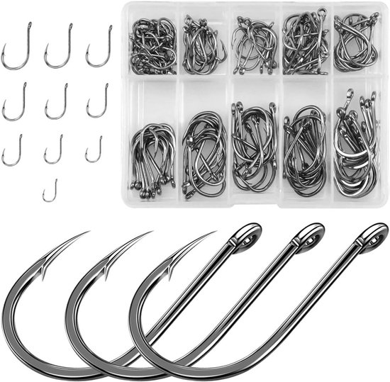 Set van 100 Carbon Stalen Vissenhaakjes in 10 Maten met Barbs en Oogjes, Inclusief Plastic Opbergdoos, Perfect voor Hengelsport Accessoires