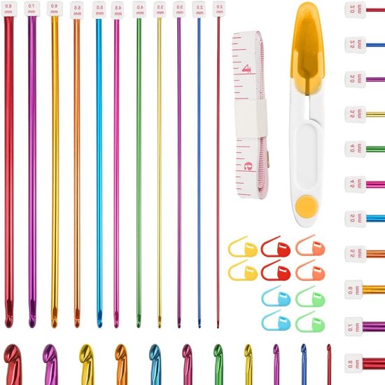 Set van 11 Tunisische Haaknaalden van 27 cm met Accessoires, Kleurige Haaknaalden voor Beginners, Ideaal voor Tunisisch Haken en Breien van 2 mm tot 8 mm van Merkloos