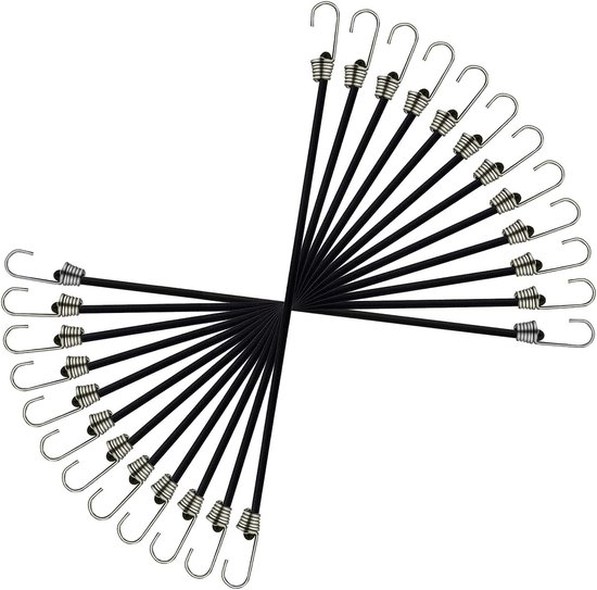 Set van 12 Elastische Straps met Haken - Kleine Elastische Koorden voor Kamperen, Vervoer en Buitensportactiviteiten (30 cm, Zwart)