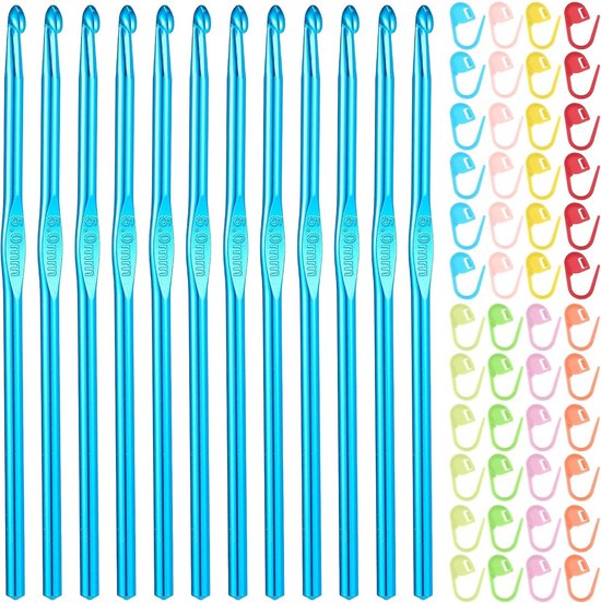 Set van 12 Haaknaalden van 5mm in Blauw met 48 Kleurige Marker Naalden, Ergonomische Haaknaalden voor Beginners en Gevorderden