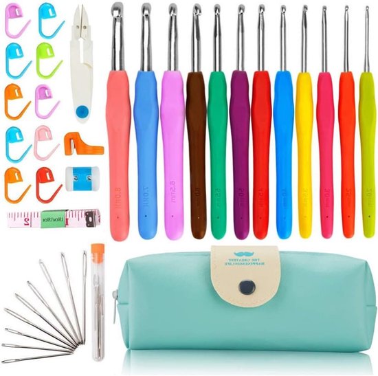 Set van 12 Haaknaalden voor Haken, Ergonomische Soft Rubber Handvatten, Ideaal voor Beginners en Gevorderden met Opbergcase van Merkloos