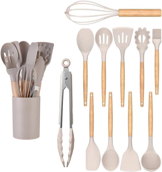set van 12 keukengerei, siliconen en houten handgrepen, hittebestendig, anti-aanbaklaag en gemakkelijk te reinigen, siliconen spatel, kookgerei, vaatwasmachinebestendig (kaki)