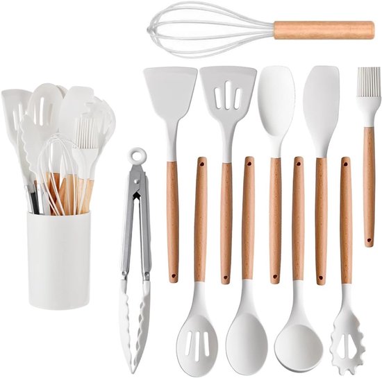 set van 12 keukengerei, siliconen en houten handgrepen, hittebestendig, anti-aanbaklaag en gemakkelijk te reinigen, siliconen spatel, kookgerei, vaatwasmachinebestendig (wit)