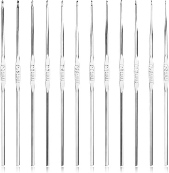 Set van 12 kleine haaknaalden 0.6-1.75mm, metalen haaknaalden voor fijn garen, extra lange haaknaalden voor beginners en liefhebbers van haken van Merkloos