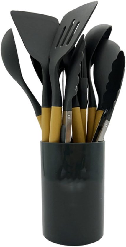 Set Van 12 Kookgerei, Siliconen Keukenbenodigdheden Met Houten Handvat, Antiaanbaklaag, Geschikt Voor Kookgerei En Hittebestendig, Inclusief Spatel/pollepel (wit),Black
