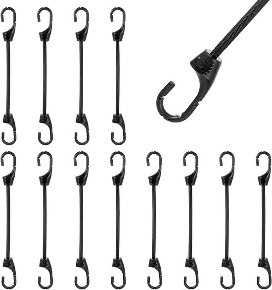 Set van 12 Korte Zwarte Rekbare Elastieken met Haken, 19,5 cm, Duurzaam en Veelzijdig voor het Beveiligen van Lasten en Outdoor Gebruik
