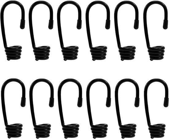 Set van 12 Spiral Hooks - Zwarte Expanderhaken voor Rubber Touw en Spanfix - Ideaal voor Tensioneren en Bevestigen van Lasten