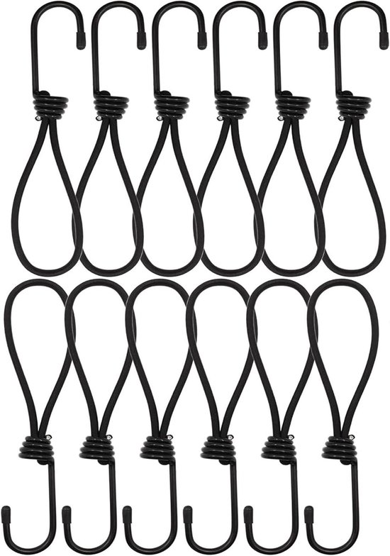 Set van 12 Tension Rubber met Haken, 20 cm, Zware Stretch Rubber voor Camping, Zeilen en Trailers