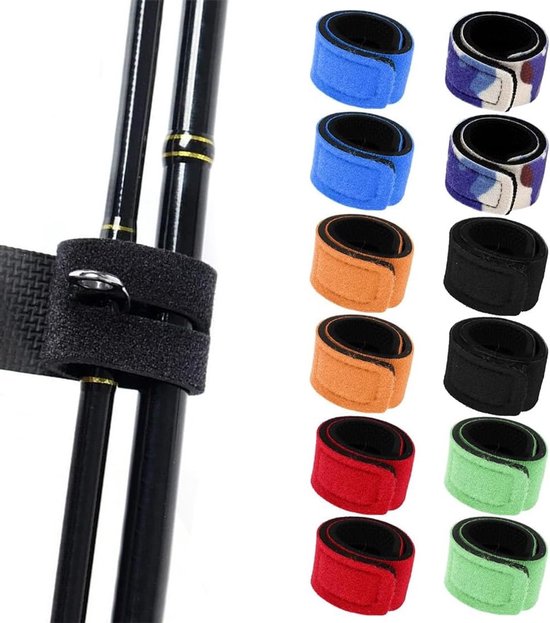 Set van 12 Visaccessoires met Klittenband in 6 Kleuren, 30 cm, Elastische Vistraps voor Efficiënt Vissen van Merkloos