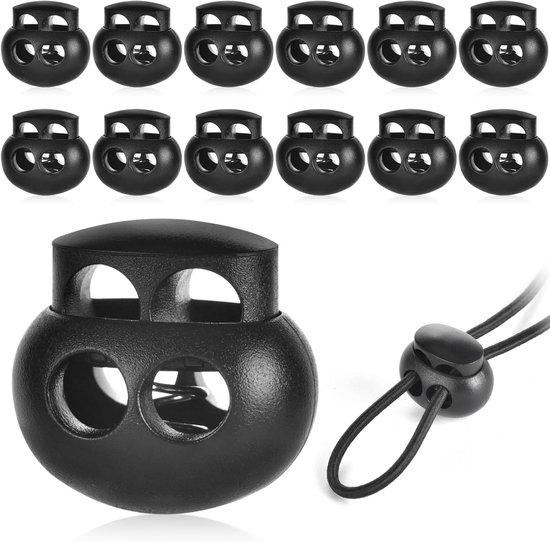 Set van 12 zwarte koordstopper voor touw en koord, ideaal voor kleding en accessoires