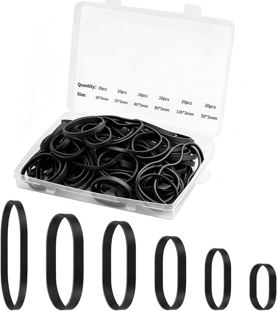 Set van 120 Zwarte Rubber Elastieken voor Kantoor, Thuis, Industrie en Kamperen - 6 Maten van 2.5 tot 12 cm