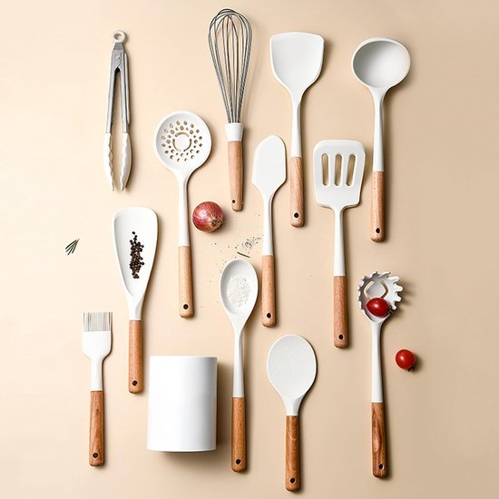Set Van 13 Kookgerei, Siliconen Keukenbenodigdheden Met Houten Handvat, Antiaanbaklaag, Geschikt Voor Kookgerei En Hittebestendig, Inclusief Spatel/pollepel/sleuvenspatel/serveerlepel/spaghettischep