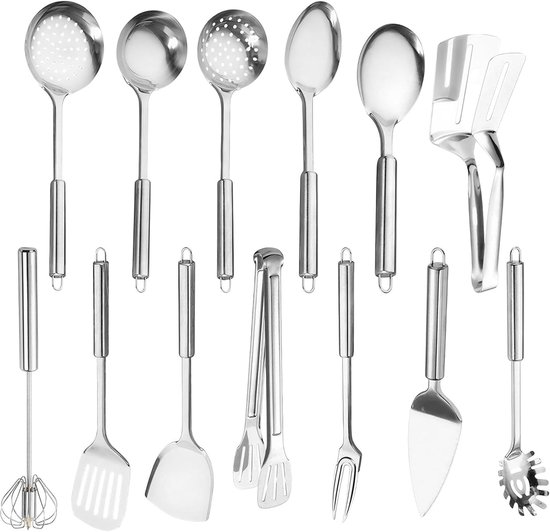 Set van 13 stuks zilveren keukengerei, titanium zilveren coating, roestvrij stalen kookgerei, zilveren spatel, keukengereedschap, spatelset, voor kookgerei met antiaanbaklaag