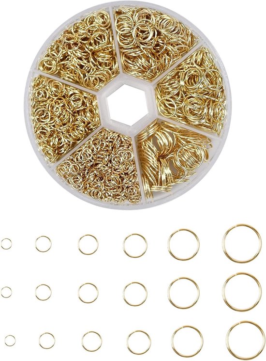 Set van 1390 Stuks Open Jump Rings en Split Rings voor Sieraden, Armbanden, Kettingen en Creatief Knutselen in Goud