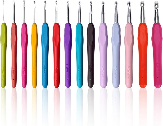 Set van 14 Haaknaalden van 2 mm tot 10 mm, Aluminium met Ergonomische Grip, Kleurrijke Haakset voor Beginners en Ervaren Hakers, Ideaal voor Creatieve Projecten en Handwerk
