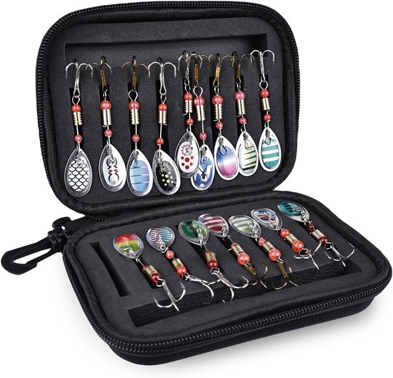 Set van 16 Flitsende Spinner Loodjes met Handtas, Sequin Lures en Boorhaken voor Forel, Baars en Snoek vissen