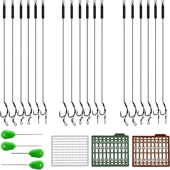 Set van 18 stuks Haar Rigs voor Karpervissen, Curved Hooks, Boilie Stoppers en Naaldaccessoires voor Effectieve Vangsten