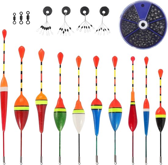 Set van 18 Vissersdobbers voor Snoek en Zeevisserij, Inclusief 10 Dobbers, 205 Grams Lood, 3 Swirl Accessoires en 4 Rubber Stoppers voor Zoet- en Zoutwater vissen