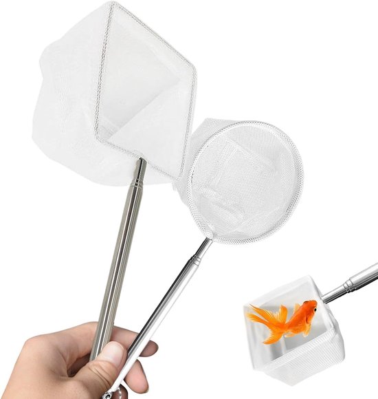 Set van 2 aquariumschepnet met telescopische handgreep van roestvrij staal, 22-41 cm, fijnmazig nylon net, voor het reinigen en overbrengen van vissen
