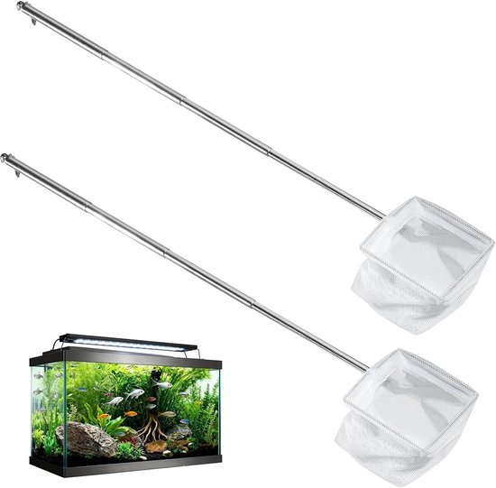 Set van 2 aquariumschepnet, miniatuur aquariumschepnet met telescoopsteel van roestvrij staal, visnet met fijn gaas voor aquarium, vijver en reiniging, 8 x 6,5 cm