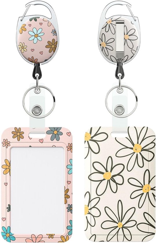 Set van 2 Bloem Motief Badgehouders met Retractable Reel en Carabiner voor ID, School en Werk