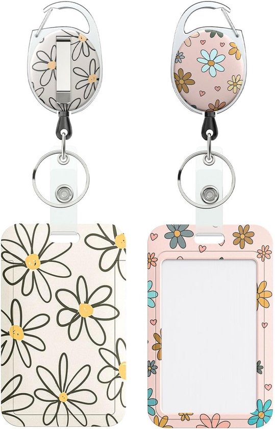 Set van 2 Bloemige Badgehouders met Retractable Reel en Carabiner voor ID, School en Werk