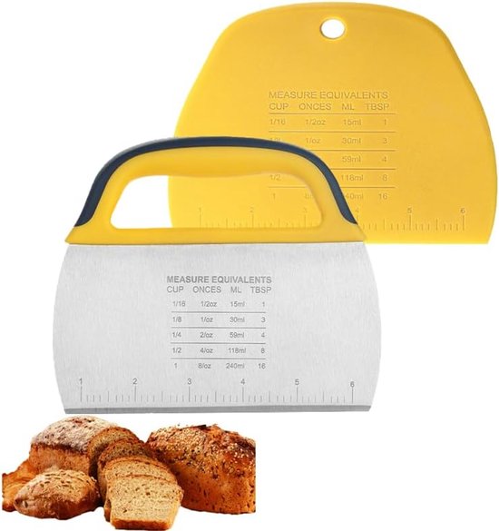 Set van 2 deegkaarten, 1 deegkaart siliconen + 1 deegschraper van roestvrij staal, deegschraper van kunststof voor gebak, pizza, brood, deeg, cake (wit, geel)