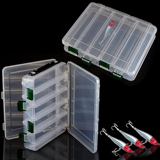 Set van 2 Dubbelzijdige Opbergdozen voor Vissen - Waterdicht, Transparant en Met Afvoergaten (20 x 17 x 4.5 cm) - Perfect voor Hengelsport Accessoires en Aasopslag van Merkloos