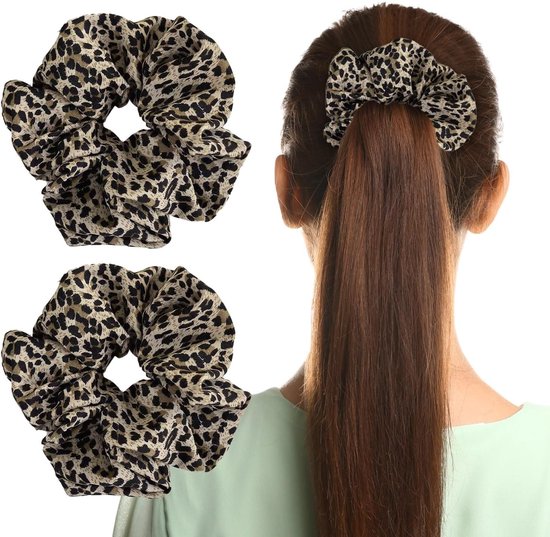 Set van 2 Elastische Scrunchies, Zachte Haarkrabbers voor Vrouwen en Meisjes, Grote Haaraccessoires zonder Beschadiging (Licht Luipaard)