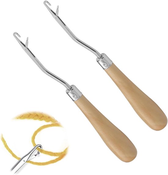 Set van 2 gebogen haaknaalden van hout voor haken, tapijtproductie en knutselprojecten